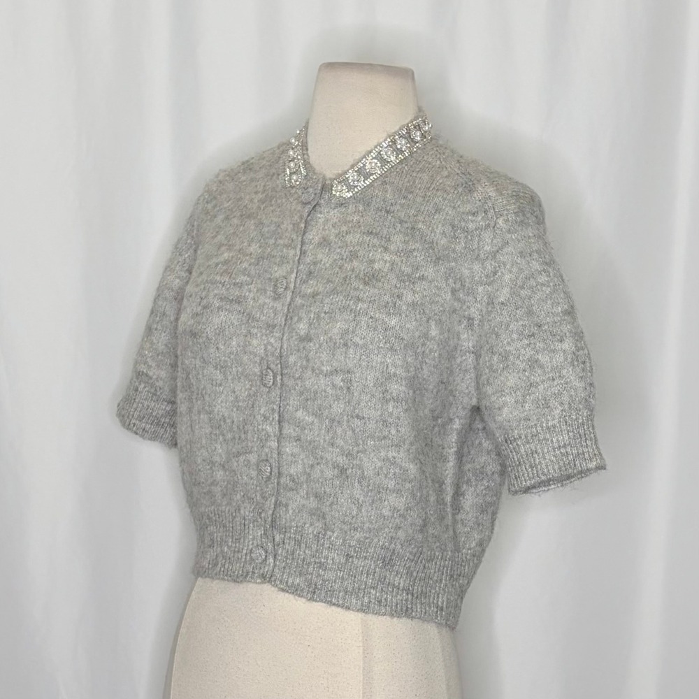 ZARA Jewel Embellished Gray Cropped Cardigan Sweater Knitwear Jewelled Large - Picture 7 of 16